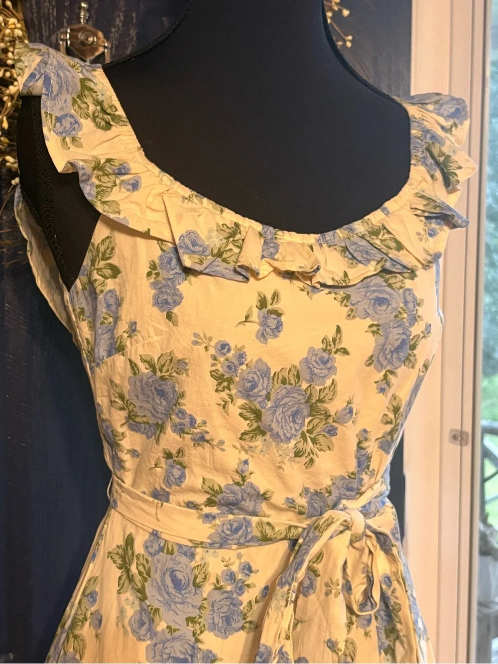 Petal + pup Storia Cream Mini Dress with Blue Floral Print NWT size Small